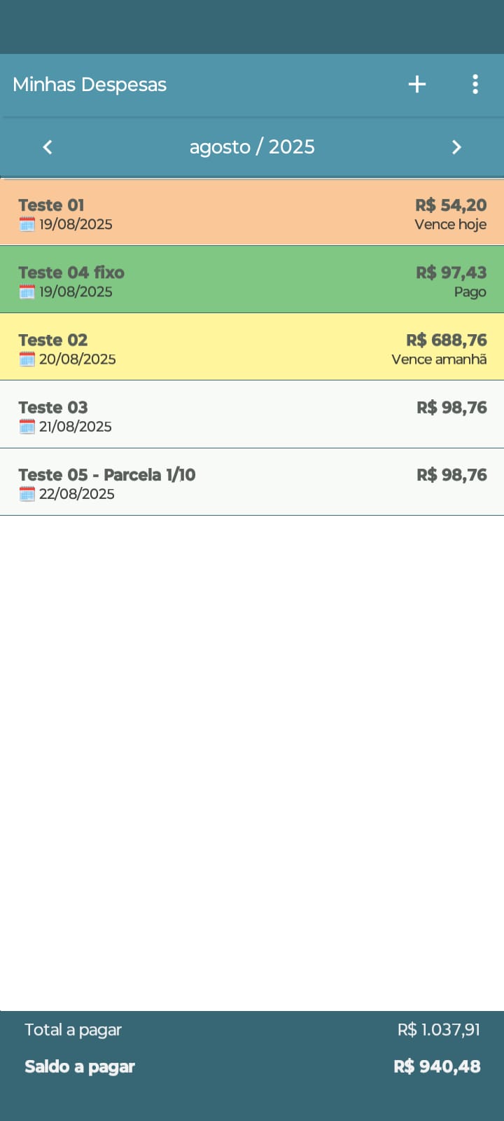 Tela principal com listagem de despesas e status