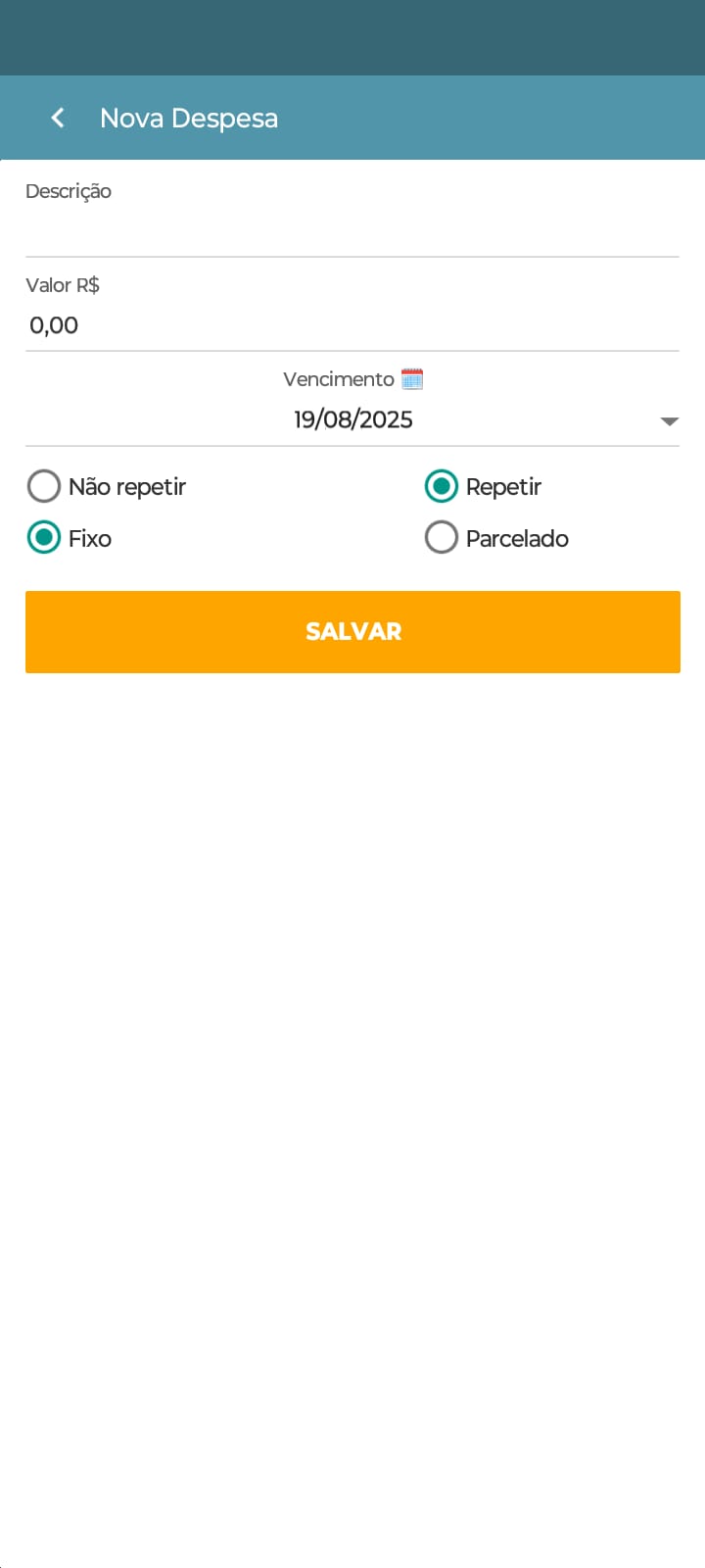 Tela de Inclusão de nova despesa repetição Parcelada